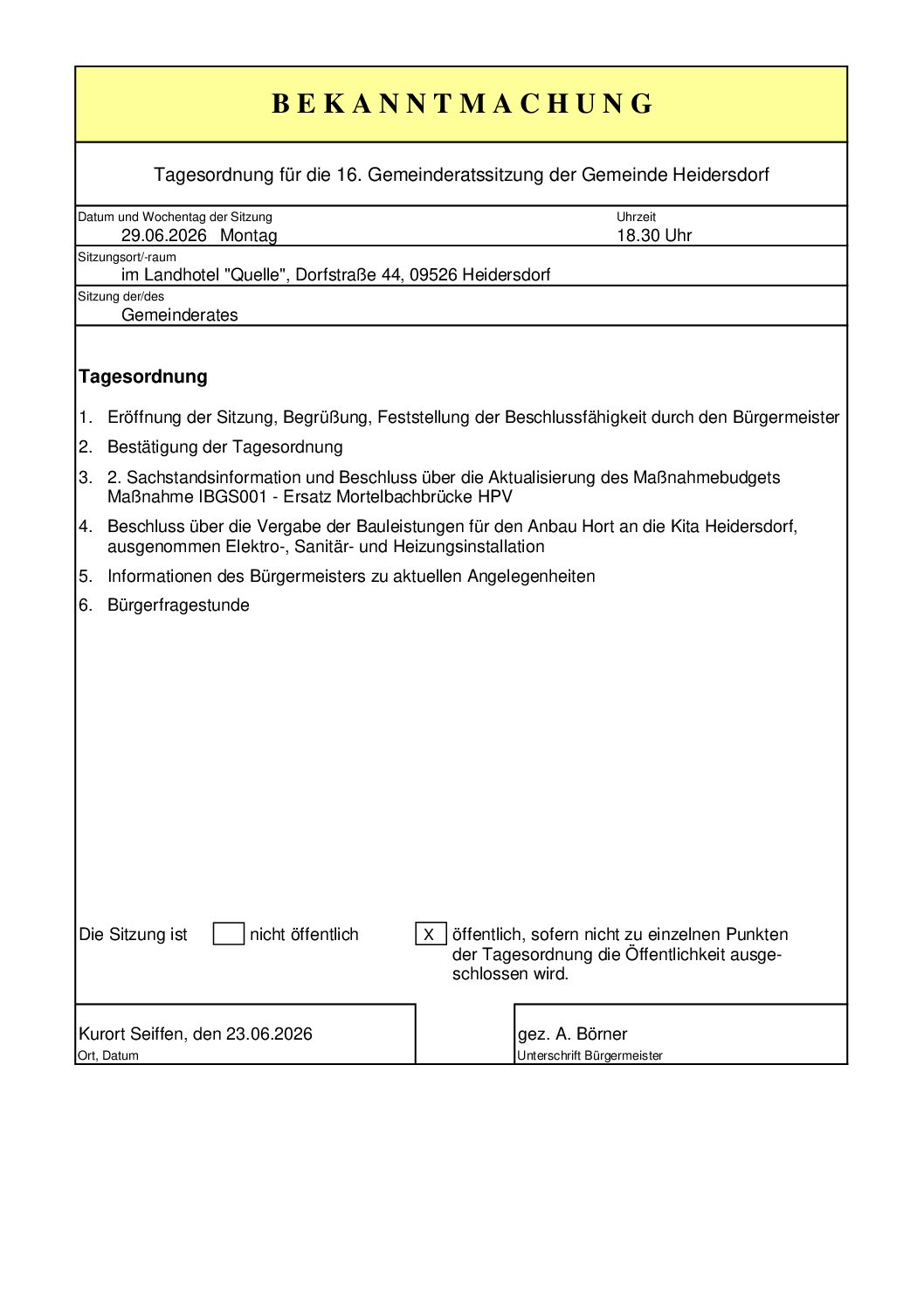 Gemeinderatssitzung mit Bürgerfragerunde - Einladung
