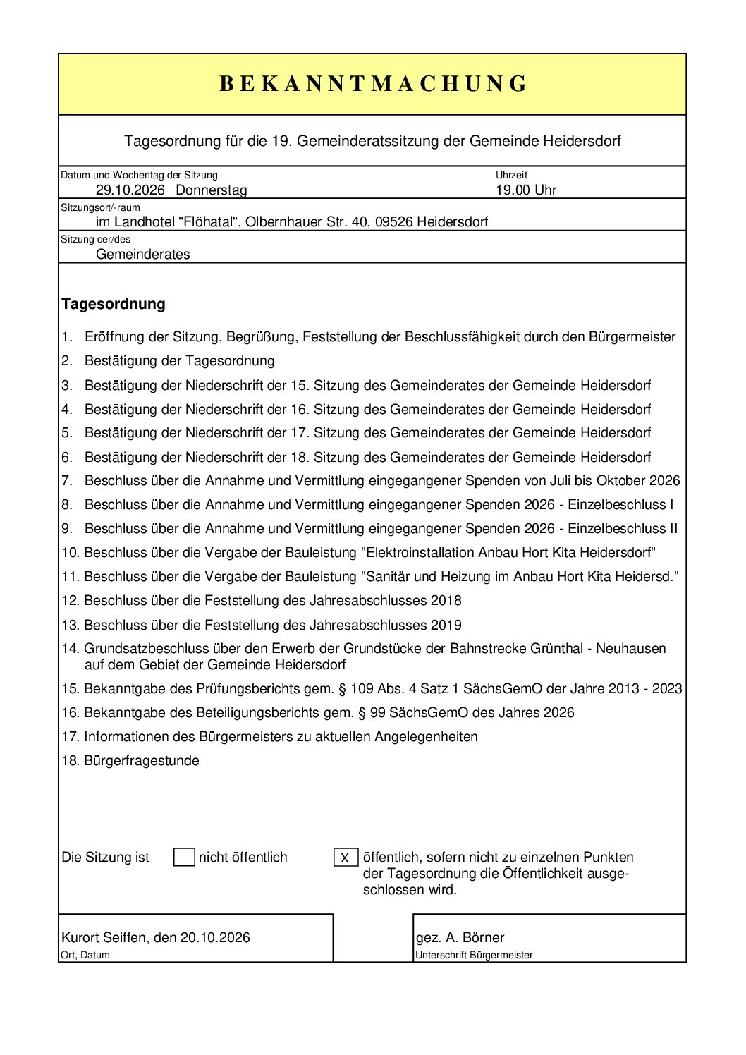 Gemeinderatssitzung mit Bürgerfragerunde - Einladung