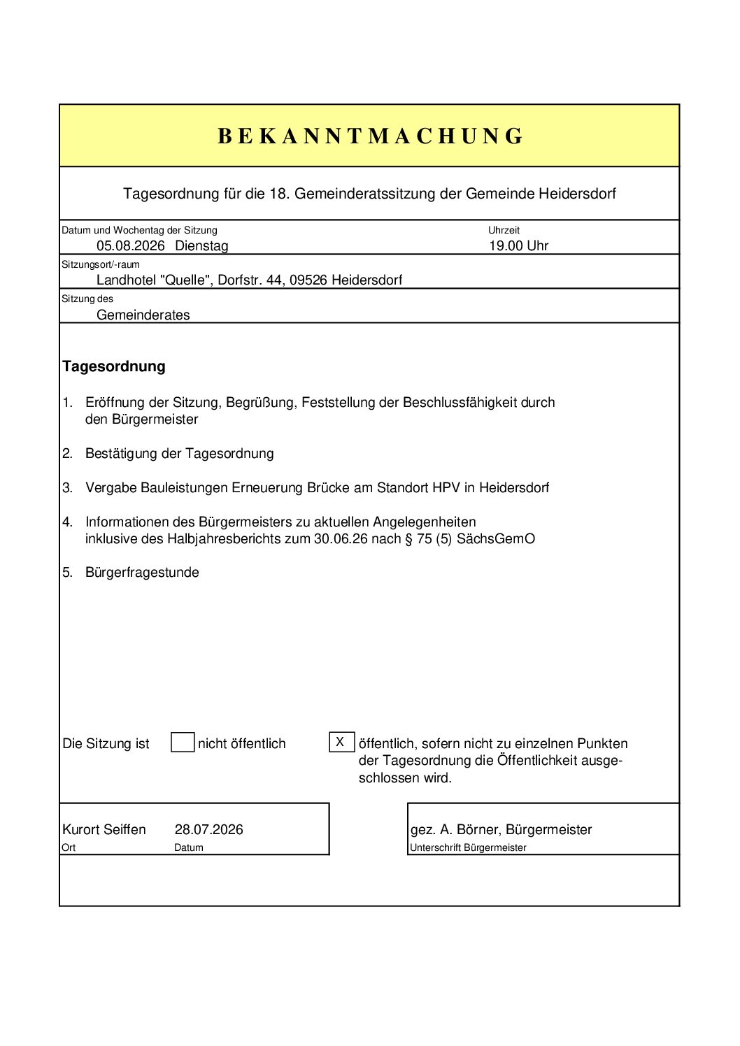 Gemeinderatssitzung mit Bürgerfragerunde - Einladung