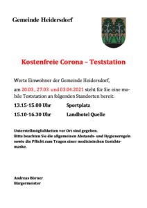 Kostenfreie Corona Teststation für Heidersdorfer @ Sportplatz am Rathaus